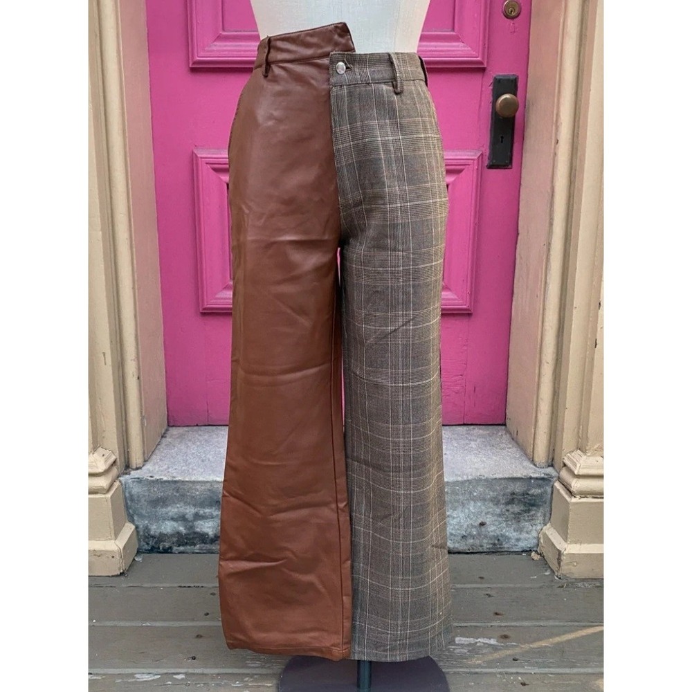 Steve Madden Pants Womens‎ Plaid Brown Vegan Leather Mackenzie Split Size 25